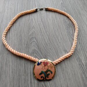 Vintage Cloisonne Rope Necklace Peach Orchid Floral Flower Butterfly Taiwan